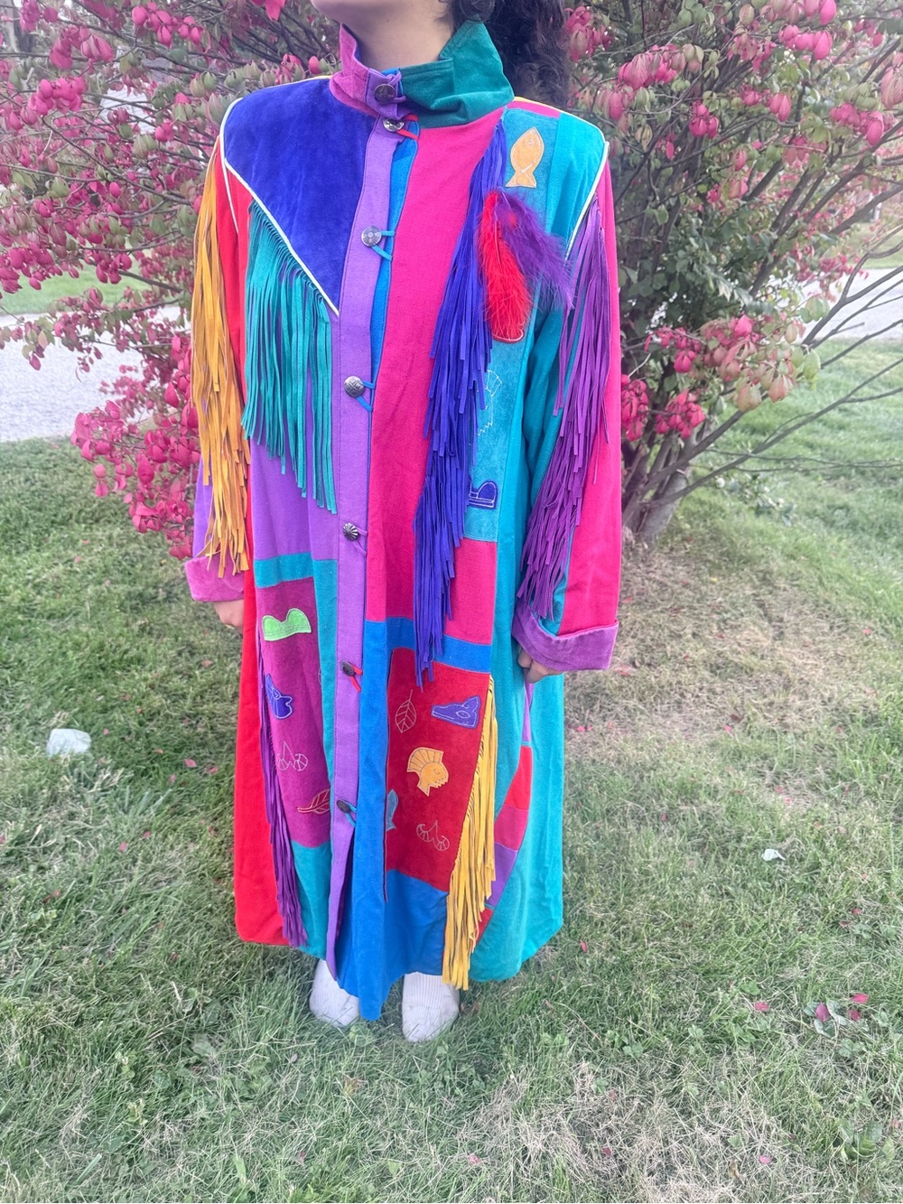 🌷🩵💙💜Vintage Multicolor SFR Santa Fe re-creations Denver Suede Fringe Long Coat🦋